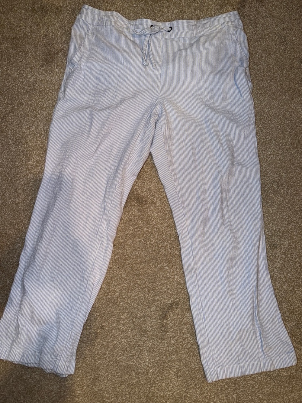 Per Se XL Light Blue & White Pinstripe Linen-Blend Drawstring Pants